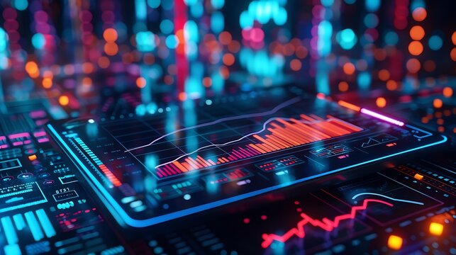 A digital interface showing stock market graphs and data with a futuristic neon light aesthetic