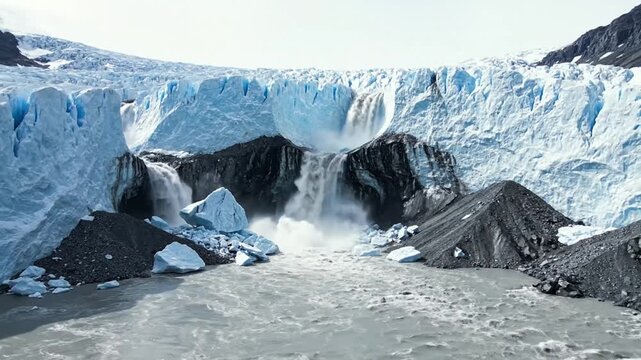 Majestic Glacial Waterfall Collapsing with Dynamic Ice and Melting Snow Scene