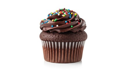 Indulge in this decadent chocolate cupcake with creamy frosting and rainbow sprinkles, perfect for birthdays, celebrations, or a sweet treat for yourself today