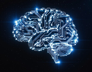 Abstract digital brain circuitry illustration glowing with futuristic technology and intelligence on a dark background