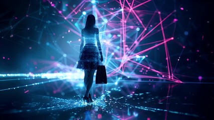 A digital artwork featuring a woman in a shimmering, sequined dress, standing against a backdrop of neon lights and digital lines. The womans silhouette is illuminated by the lights. - Powered by Adobe