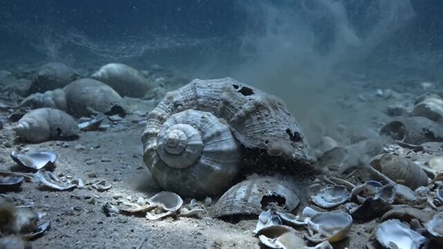 Underwater Scene Featuring Ancient Shells and Marine Debris on Ocean Floor