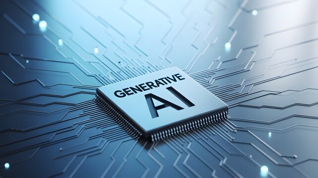 Generative AI microchip concept – futuristic artificial intelligence integrated circuit, neural network processing and digital technology innovation
