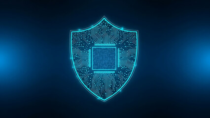Digital Protection and Security Concept: Glowing Circuit Shield and Processor on Abstract Blue Background