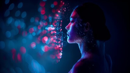 A digital artwork portraying a womans profile with a radiant, glowing, pink and blue hue. The womans face is adorned with intricate patterns of dots and lines, giving it a digital, ethereal quality.