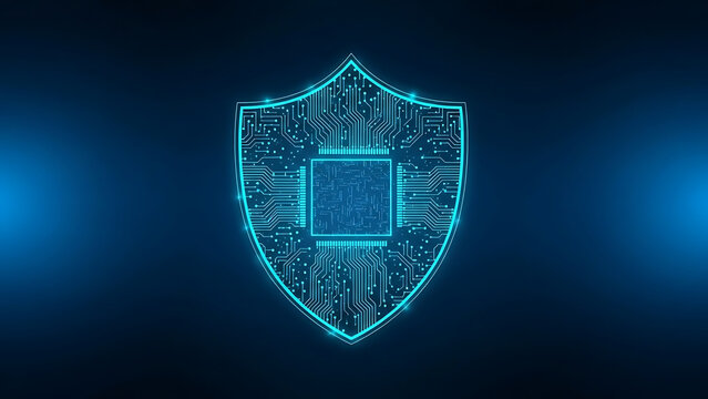 Digital Protection and Security Concept: Glowing Circuit Shield and Processor on Abstract Blue Background - Powered by Adobe