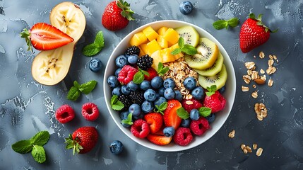 A bowl of fresh fruit including strawberries blueberries mango kiwi and granola on a gray background