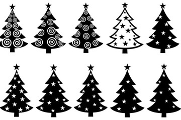 Obraz premium stylized black christmas trees with spiral and star designs christmas black silhouette clipart set. black Christmas tree drawing clip art collection in white background for xmas season pine tree flat 