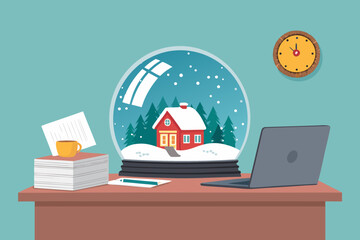 Crisp Office Snow Globe Desk Papers Laptop High-Quality Stock Image