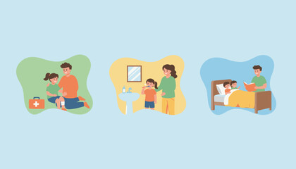 Illustration of parents caring for children including first aid hygiene and bedtime reading