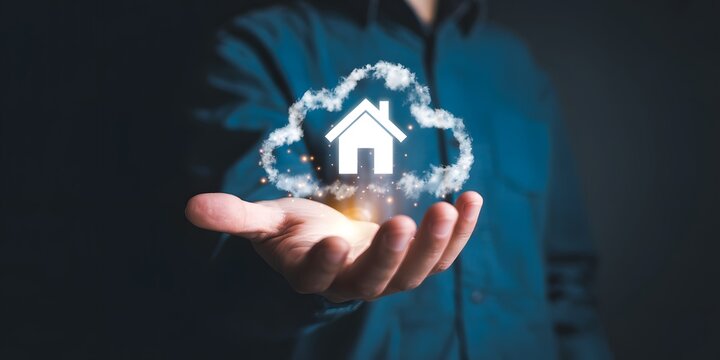 Smart home cloud technology concept – house icon floating above hand, symbol of digital innovation, online network, real estate, and IoT integration