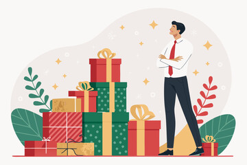 Office Worker With Pile Christmas Gifts Creative Visual Perfect for Editorial Content