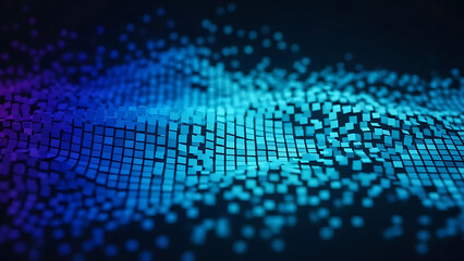 Abstract blue digital data wave and sound visualization grid surface with vibrant futuristic neon glow.