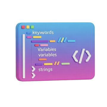 3D rendered illustration of a colorful programming code editor window displaying syntax highlighting and angle brackets icon.