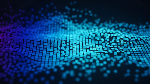 Abstract blue digital data wave and sound visualization grid surface with vibrant futuristic neon glow.