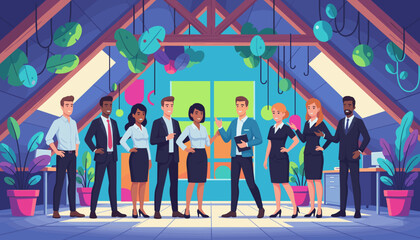 Diverse business team collaboration in a modern biophilic loft office environment