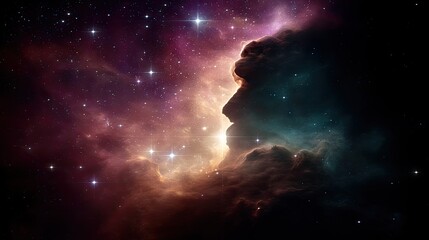 A vivid and dramatic image of a nebula formation in space, with a silhouette of a face appearing within the clouds, illuminated by bright light.