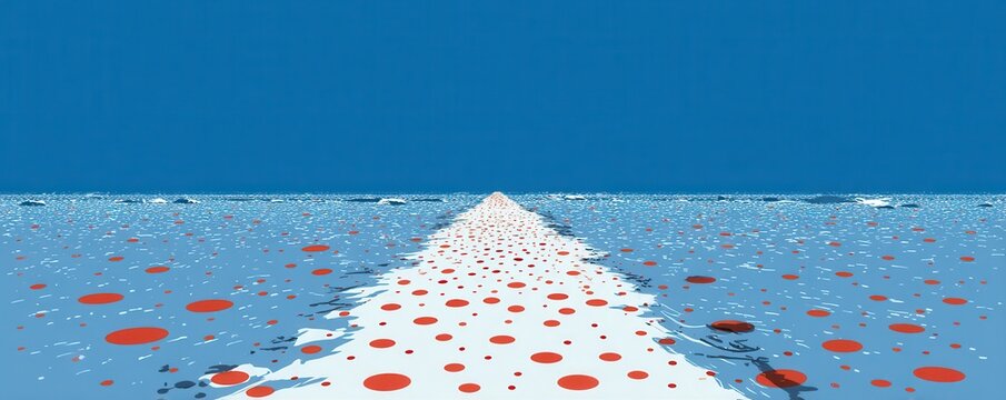 Blue background with a white dotted path and red circles stretching toward the horizon