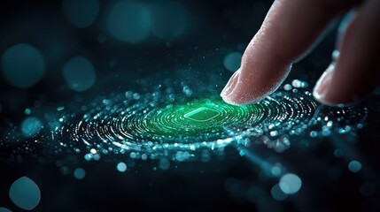 A finger touches a glowing digital interface, creating a futuristic and technological effect. The image conveys concepts of security and access.