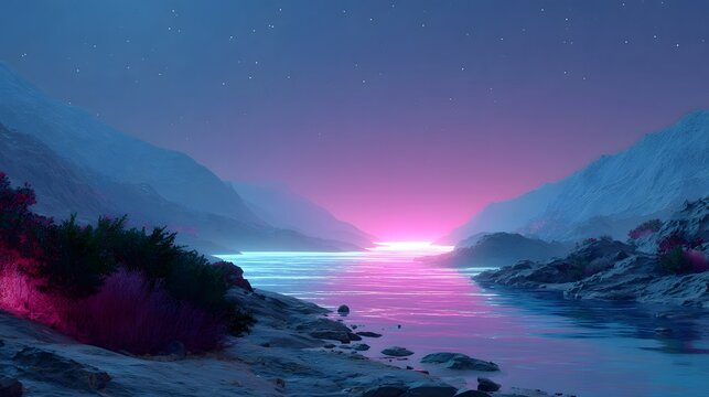 Surreal and ethereal landscape with a glowing pink and blue river reflecting the radiant twilight sky and mist covered mountains