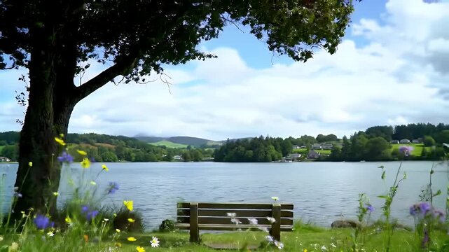 Quiet lakeside meadow with a wooden bench under a broad tree, overlooking rolling hills