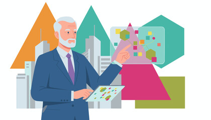 Senior leader uses AR screen and tablet for data analysis in modern business setting