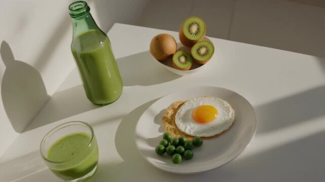 Healthy Breakfast Spread with Fried Egg, Peas, Kiwi, and Green Juice (310