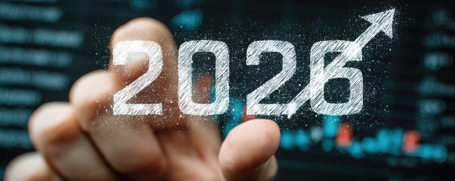 Rising 2026: A digital hologram of an arrow pointing up over a stock market chart - Powered by Adobe