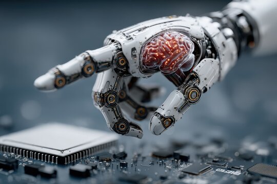 Futuristic robotic hand hovering above a circuit board with glowing brain neurons in a tech scene - Powered by Adobe