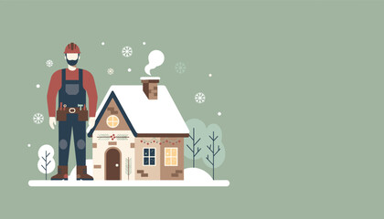 Builder next to a cozy snowy house Winter home repair maintenance and construction services