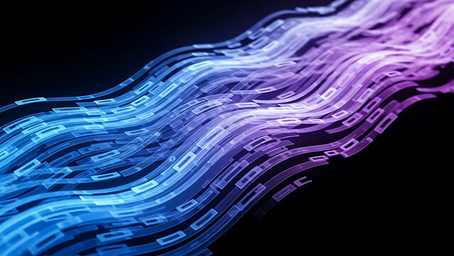 Abstract digital wave of data stream elements in neon blue and purple gradient on a futuristic dark background.
