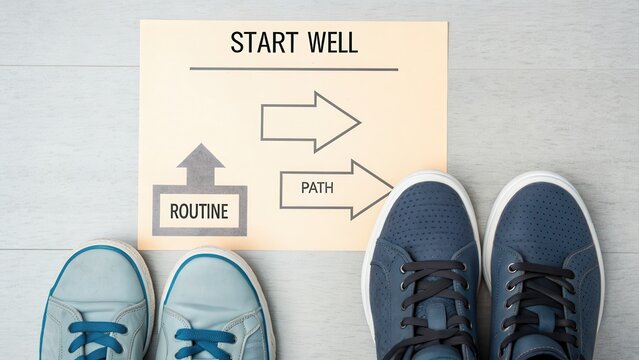 Shoes next to a card showing a routine path to start well
