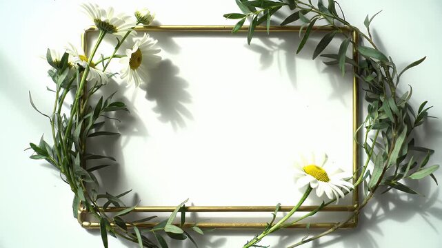 Rectangular leafy garland frame featuring white and yellow blossoms, held near bottom-left by a hand