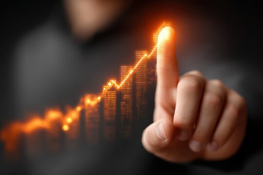 Hand touches glowing digital chart with an upward trend, symbolizing growth and success in a fast-moving market