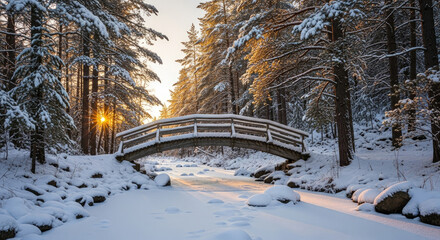 Peaceful Nature Scene with a Bridge Covered in Snow at Twilight.