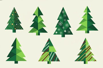 Obraz premium Geometric green Christmas Tree Illustrations. Set of Abstract Christmas Tree Illustrations. Geometric Christmas Trees with Decorative Patterns.