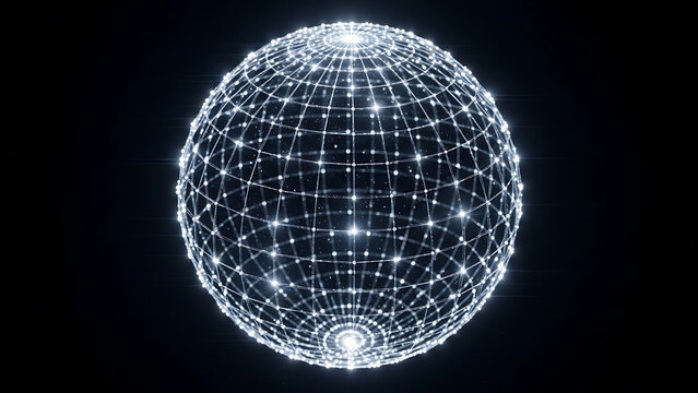 White abstract wireframe sphere illuminating global data processing and worldwide technology networks.