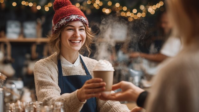 Barista handing a festive hot chocolate cup with whipped cream to a happy customer, modern coffee shop Christmas décor, steam rising, premium beverage shot