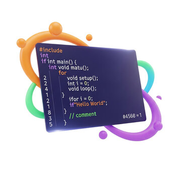 A vibrant 3D rendering of a code editor displaying C-like programming language with colorful abstract shapes in the background, representing software development and technology.