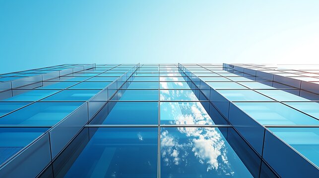 Low angle view of a modern glass building reflecting the sky and clouds on a sunny day outside