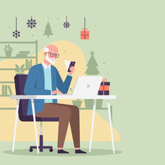 Older man works remotely using phone face ID in a festive office Christmas digital security