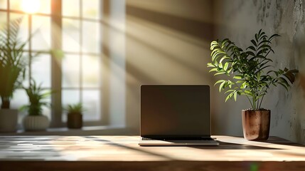 Laptop on a wooden desk with plants near a window casting sunlight in a bright and airy room scene