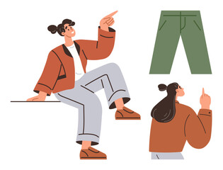 Woman sitting and pointing with intent, wearing a casual jacket and wide-leg pants. Additional green pants detail and back view included. Ideal for fashion, youth, casual lifestyle, design reference