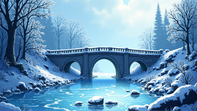 Anime Style Snow Covered Bridge Over Frozen River Vector Art