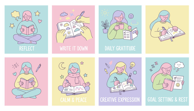 Selfcare journaling routine reflection gratitude peace and goal setting Pastel vector illustration set