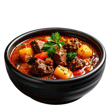 A hearty bowl of puchero criollo a traditional argentine beef stew with corn potatoes and vegetables served hot and isolated on white background