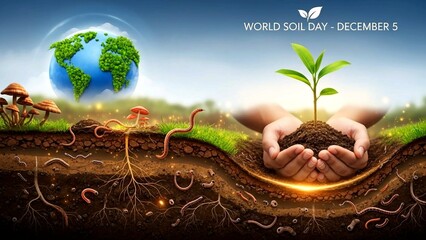 World Soil Day Illustration with Earth, Seedling, and Soil Layers for Environmental Awareness.