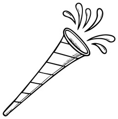 Hand-drawn black and white party horn with celebratory confetti bursting out