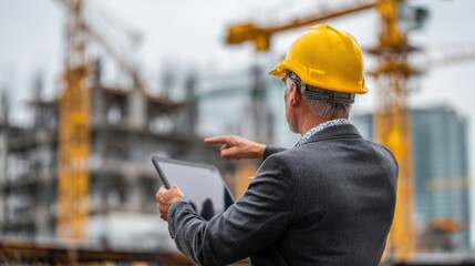 Construction engineer reviewing a project on a tablet at a building site