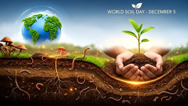 World Soil Day Illustration with Earth, Seedling, and Soil Layers for Environmental Awareness.